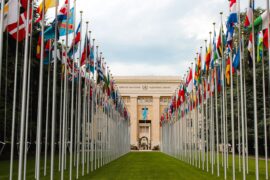 Flags in front of UN building