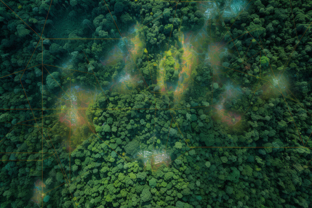 Birds-eye view of a forest with overlay of technical mapping